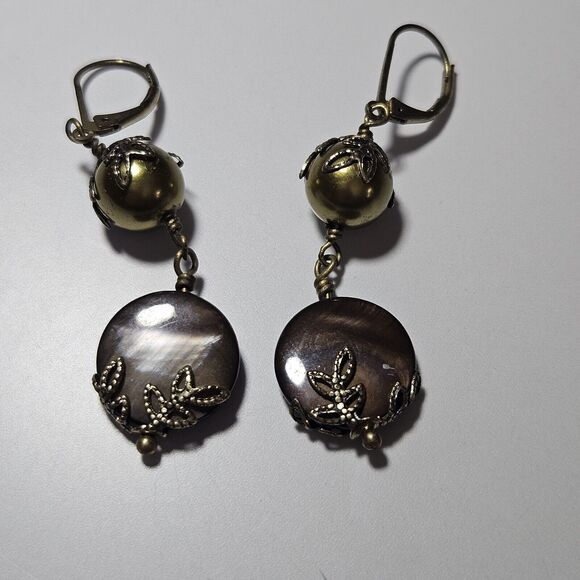 Gold Tone Dangling Green And Brown Beaded Earrings - Picture 8 of 8